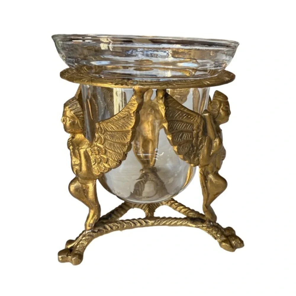 Vintage Brass Cherub Decorative Glass Bowl / Candle Holder